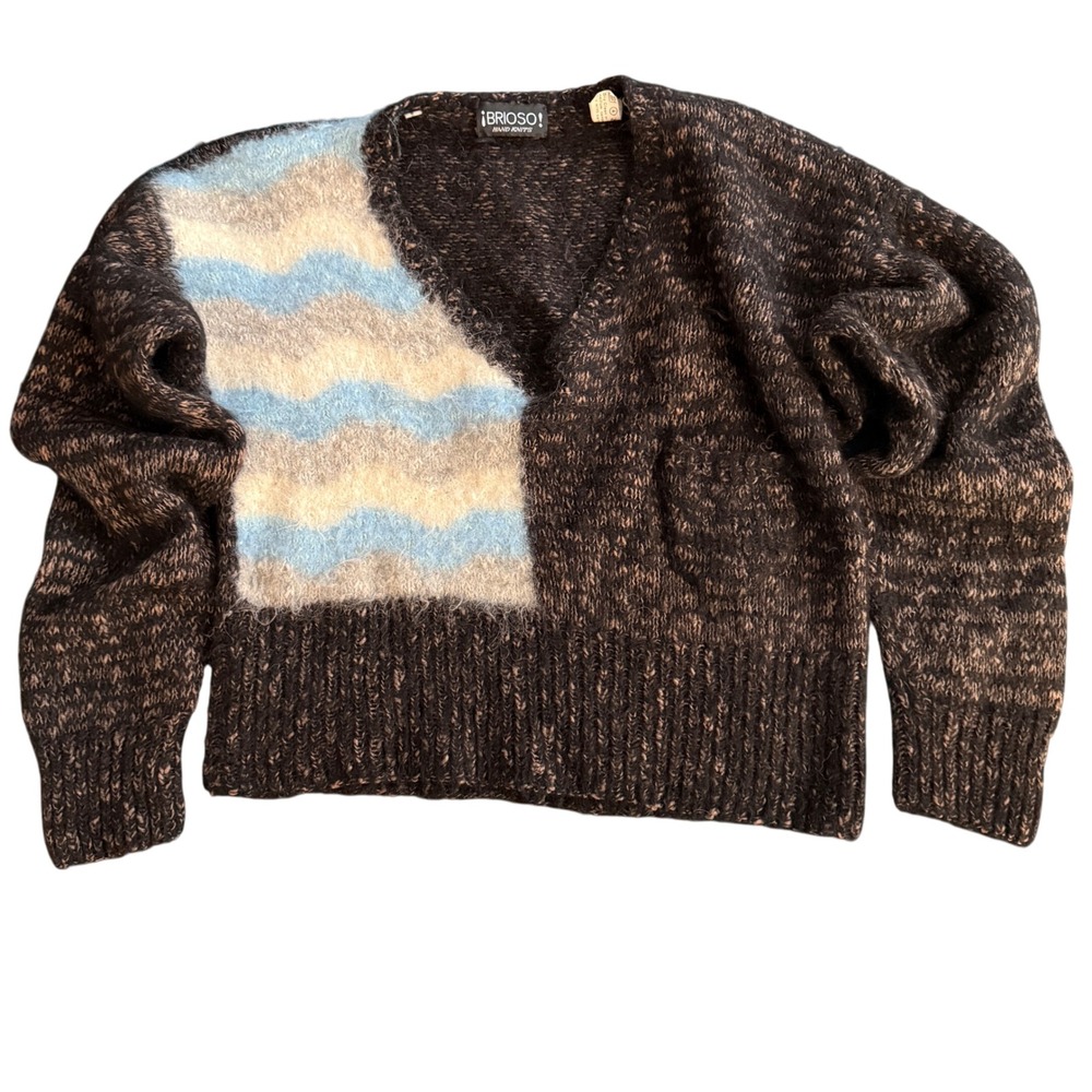 ¡BRIOSO! Hand Knits‎ Alpaca Fuzzy Sweater V-Neck Cropped Black Marled Blue M